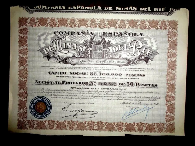 Minas del Rif,Share certificate 1946  Spain    F