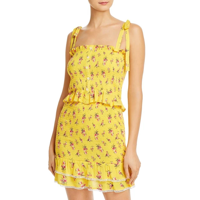 Lost + Wander Womens Mango Tango Yellow Smocked Floral Tank Top M  1999