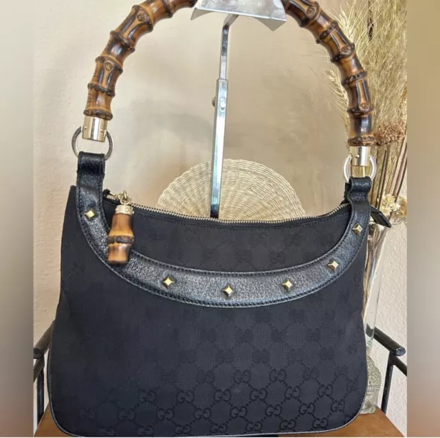 GUCCI Signature Jacquard Leather Trim Studded Satchel/Shoulder Bag