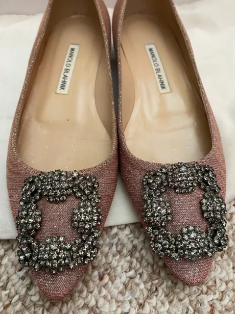 Manolo Blahnik Hangisi Jeweled Pointy Toe Flat Champagne Fabric Pink 36.5 2