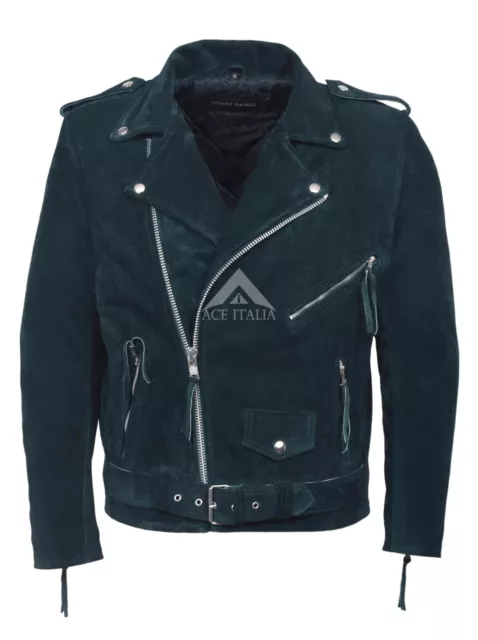 Mens Leather Jacket Navy Suede Biker Style REAL COWHIDE JACKET BRANDO MBF