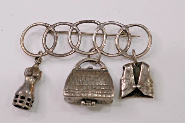 Rare VTG Silver Seamstress Sewing Charm Brooch Nuvo Charms Purse Dress Form Vest