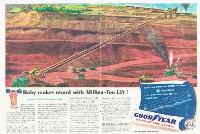 1945 vintage print ad GOODYEAR RUBBER conveyor belt for mine Large 2 page ad
