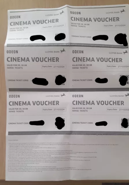 6 x Club Lloyds Odeon Cinema Tickets for iSense 2D 3D Films - Expiry 27/10/2024