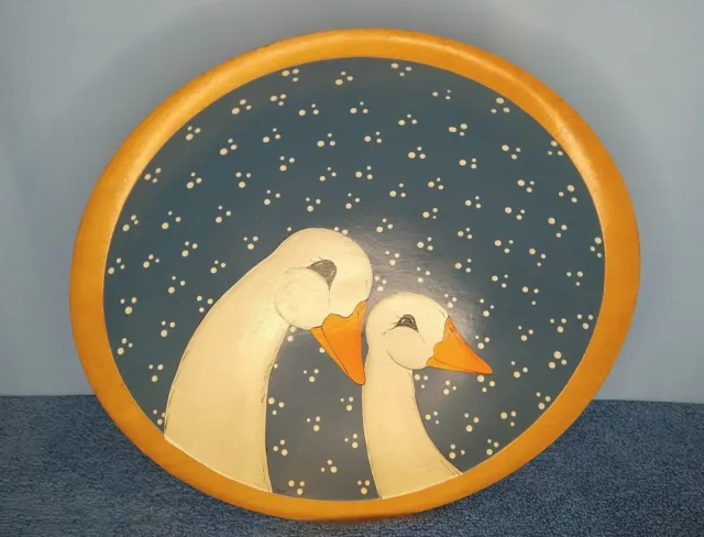Vintage, Wooden Bowl, Hand Painted White Geese, Ducks Wall Art