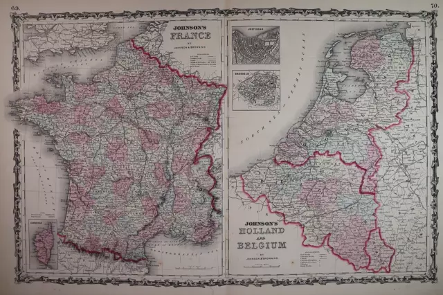 Antique 1862 Johnson Atlas Map ~ FRANCE - HOLLAND ~ (XLG18x26) Free S&H -#1418