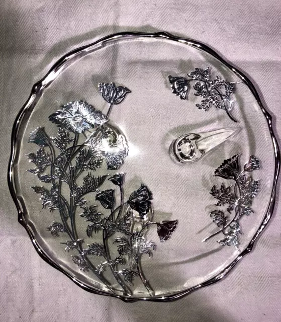 VTG Silver City ‘Flanders’ Silver Overlay On Glass Petite Four Footed Plate