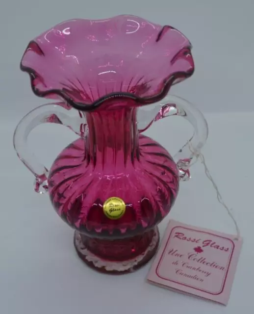 Rossi Cranberry Art Glass Vase Double Handles Ruffled Original Label and Booklet 3