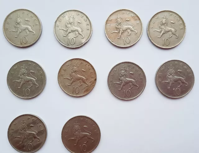 LOT 10x ENGLISH 10p NEW PENCE Coin Decimal Circulated 1968-1980