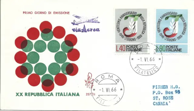 Italia FDC Venetia 1966 - XX Ann. Repubblica - Posta Aerea indirizzata Canada