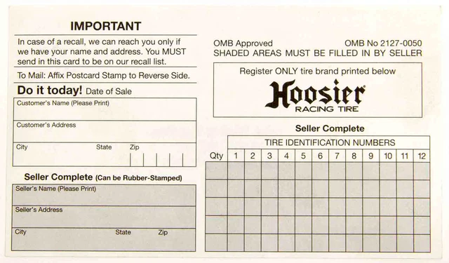 Hoosier Cim200 Hoosier Registration Card