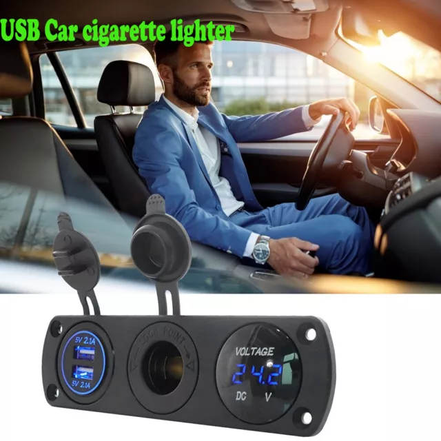 Dual USB Car Boat Cigarette Charger Socket Blue LED Voltmeter Switch Panel 12V