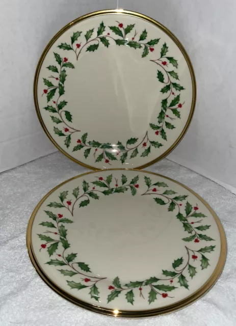 Pair of Lenox Christmas China Holiday Pattern 8 1/8” Salad Plates Gold Rim NWT
