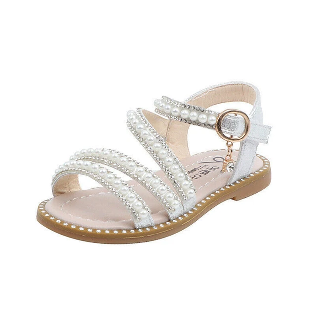 Girls Sandals Diamante Pearl Summer Kids Toddlers Shoes Flat Party Pricess Size