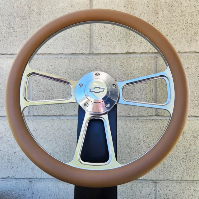 14" Billet Steering Wheel Tri Spoke Tan Half Wrap + Chevy Horn Button Licensed