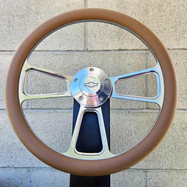 14" Billet Steering Wheel Tri Spoke Tan Half Wrap + Chevy Horn Button Licensed