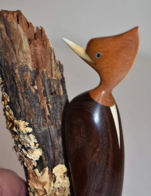 Handmade Polished WOODPECKER on Branch - Artisan Woodworker  Vintage 6"
