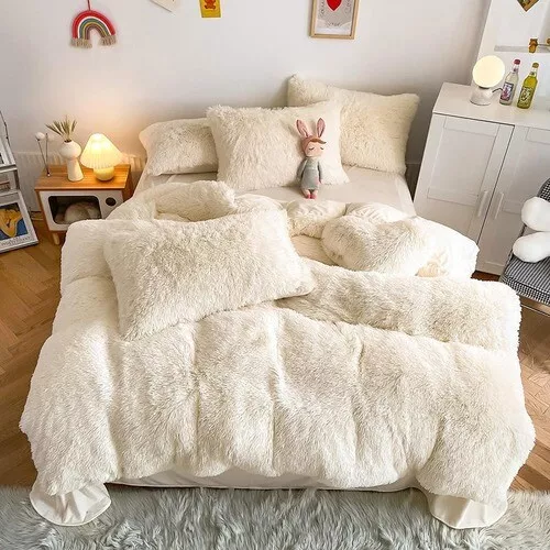 Plush Shaggy Bedding Set Faux Fur Fluffy Duvet     Soft Crystal Velvet Bed Sheet