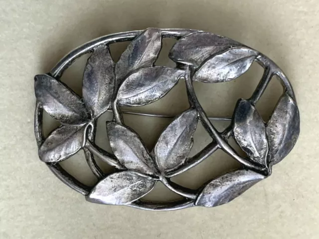 French ART NOUVEAU Style Designer Brooch -Silver tone metal, signed on the back