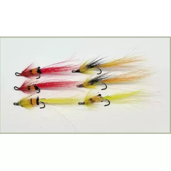 6 DOUBLE HOOK Salmon Flies, Red Ally, Yellow Ally, Park Shrimp