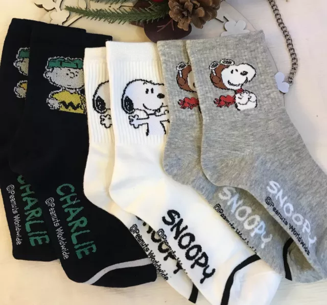 Set of 3 pair Peanuts Snoopy Crew Sock Character  Cartoon Socks New