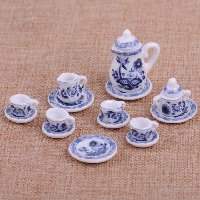 1/12th Dolls House Miniature Dining Ware Chinese Ceramic Tea Set Blue Flower.
