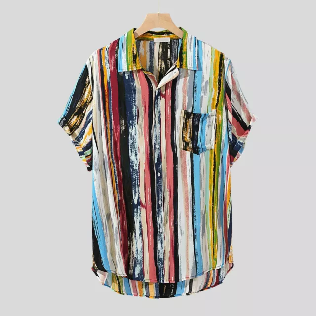 Mens Colorful Striped Casual Pocket Short Sleeve Loose Cotton Shirts Blouse Tops