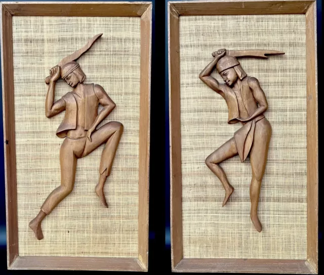 Vintage Mid Century Carved Teak Wood Warriors Framed Wall Art Pair Grass Cloth