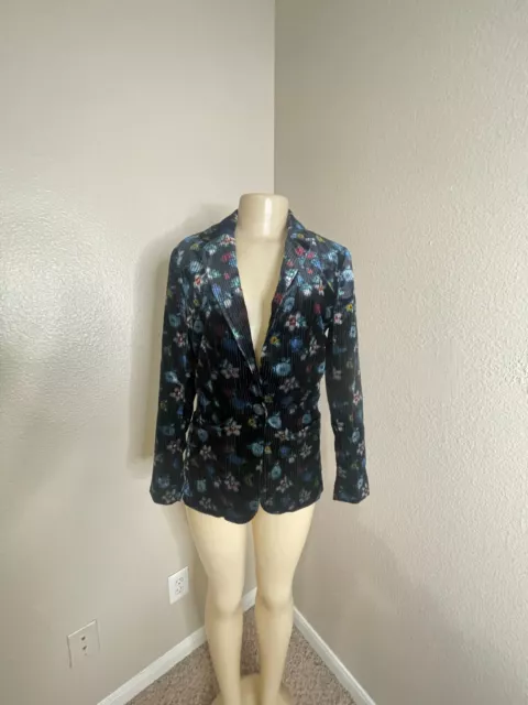 Anthropologie Womens Black Velvet Long Sleeve Floral Print Blazer Jacket Size 4