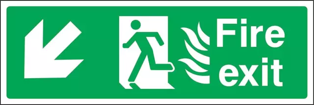 Fire exit Down left with fire pictograms Safety sign