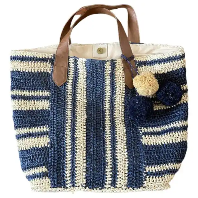 Straw Studios Large Striped Tote or Beach Bags with Pom Poms Navy/Cream