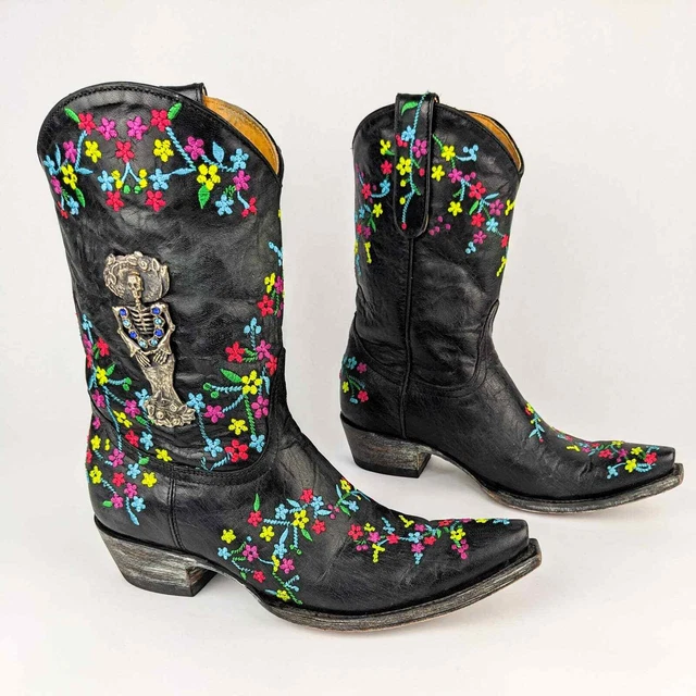 Old Gringo Cowboy Boots 7.5 Black Leather Floral Skeleton Day of Dead Western