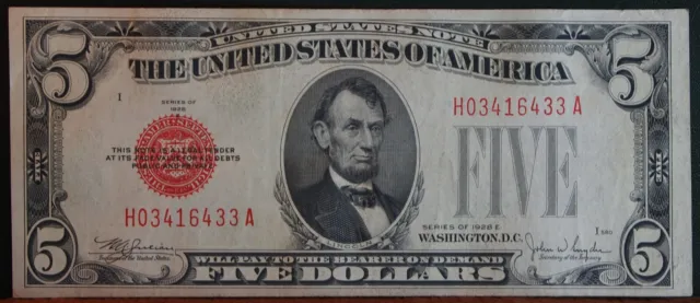 1928E AU RED SEAL FIVE DOLLAR UNITED STATES NOTE 5.00 dollar bill H03416433A