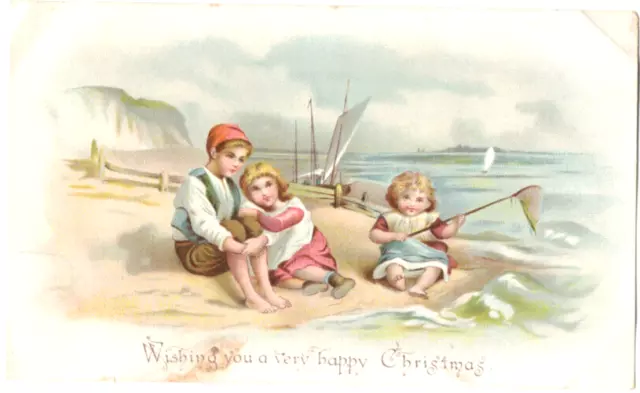 ANTIQUE Xmas New Year Card Victorian Children Boy & Girls Fishing Net Beach Boat