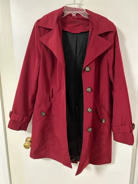 CALVIN KLEIN RED TRENCH COAT WOOL LINER, Women’s Size Large, Red, Hood, Belt