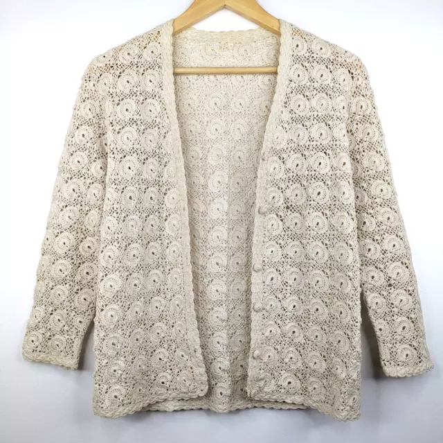 Vintage 70s Crochet Beige Cream Cardigan Retro Size 8 S