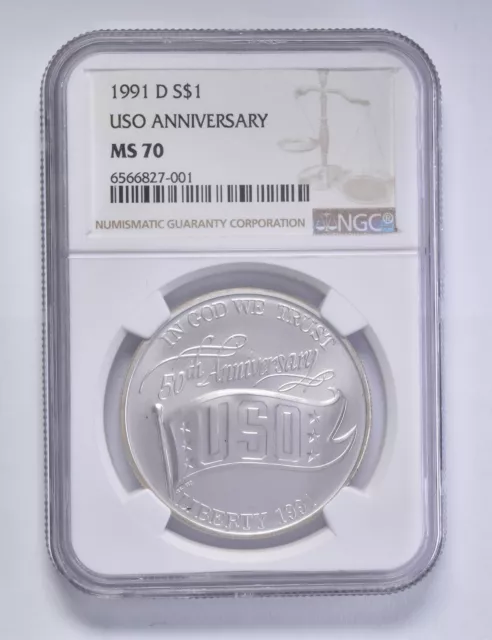 MS70 1991-D USO Commemorative Silver Dollar $1 NGC Brown Lbl