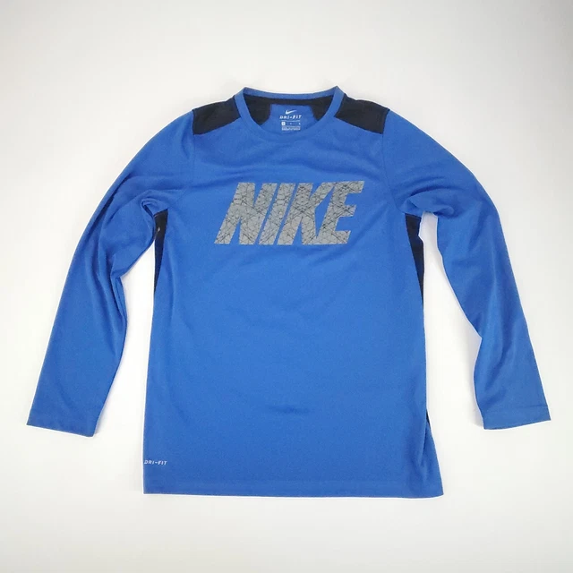 Nike Dri Fit T-Shirt Youth Boy Large Long Sleeve Large Spell Out Blue with Black