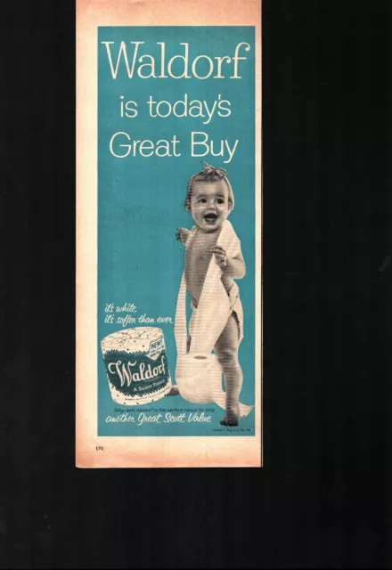 1954 Waldorf Vintage Print Ad Toilet Paper Scott Tissue Cute Baby Smiling Soft