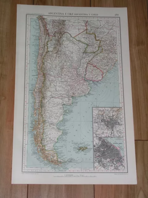 1927 Map Of Argentina Buenos Aires Chile Santiago Falklands South America