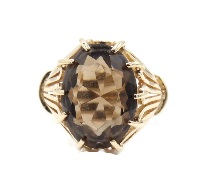 Women's Large Faceted Smoky Quartz Gemstone Statement Ring in 14KT Yellow Gold