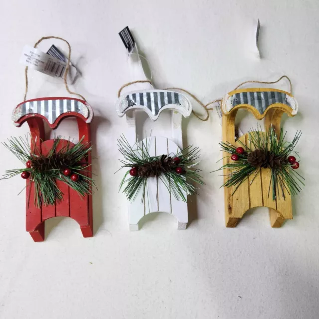 8 Wooden Hand Painted Miniature Christmas Tree Ornaments Primitive