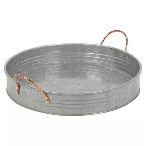 Large Round Galvanised Zinc Metal Rustic Serving Tray Platter w/ Copper Handles
