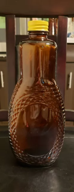 Vintage Log Cabin Amber Glass Syrup Bottle 