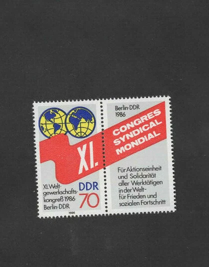 DDR 1986 Mi 3049 u.ZF rechts Weltgewerkschaftskongreß Berlin postfrisch ZD Lot