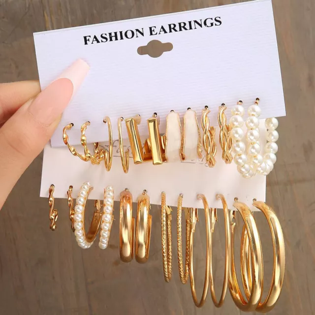 A Set Of 6 Pairs Silver Gold Round Hoops Earrings Pearl Crystal Jewelry Set Pack
