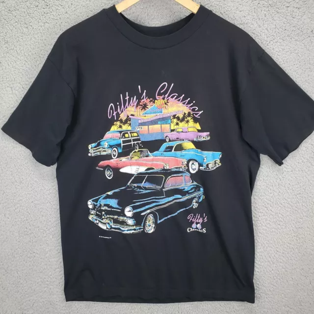 Vintage Fifties Classic Car Show Hot Rod Single Stitch Black T Shirt 80s 90s XL