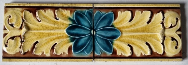 Two 6” x 3” Vibrant Reclaimed Antique Majolica Fireplace Tiles