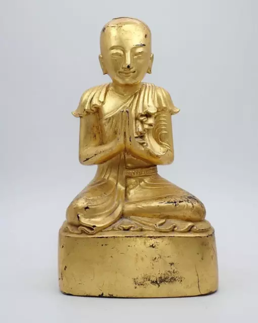 Antique Burmese 19th c. Gold Gilt Lacquer Hard Wood Praying Buddha Statue