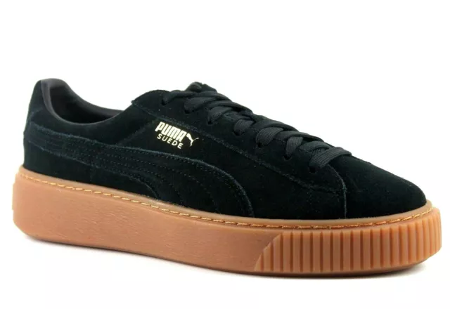 PUMA Suede Platform SD Jr UK 4 to 6 Black Gold Sneakers Trainers Shoes Lace Up